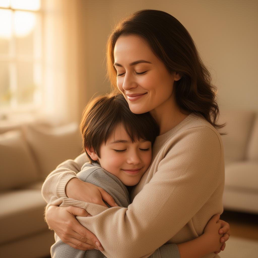 Mother hugging her child in a calm, connected moment
